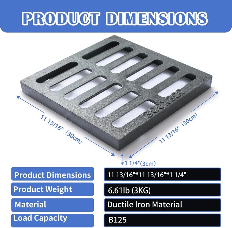 Facoba Cast Iron Drain Grate, 12 * 12in Outdoor Drain Cover, B125 Class Ductile Iron Channel Drainage Grates, Heavy Duty Sewer Grate,Black Square Drain Grate for Yard,Driveway,Concrete Floor. - Image 2